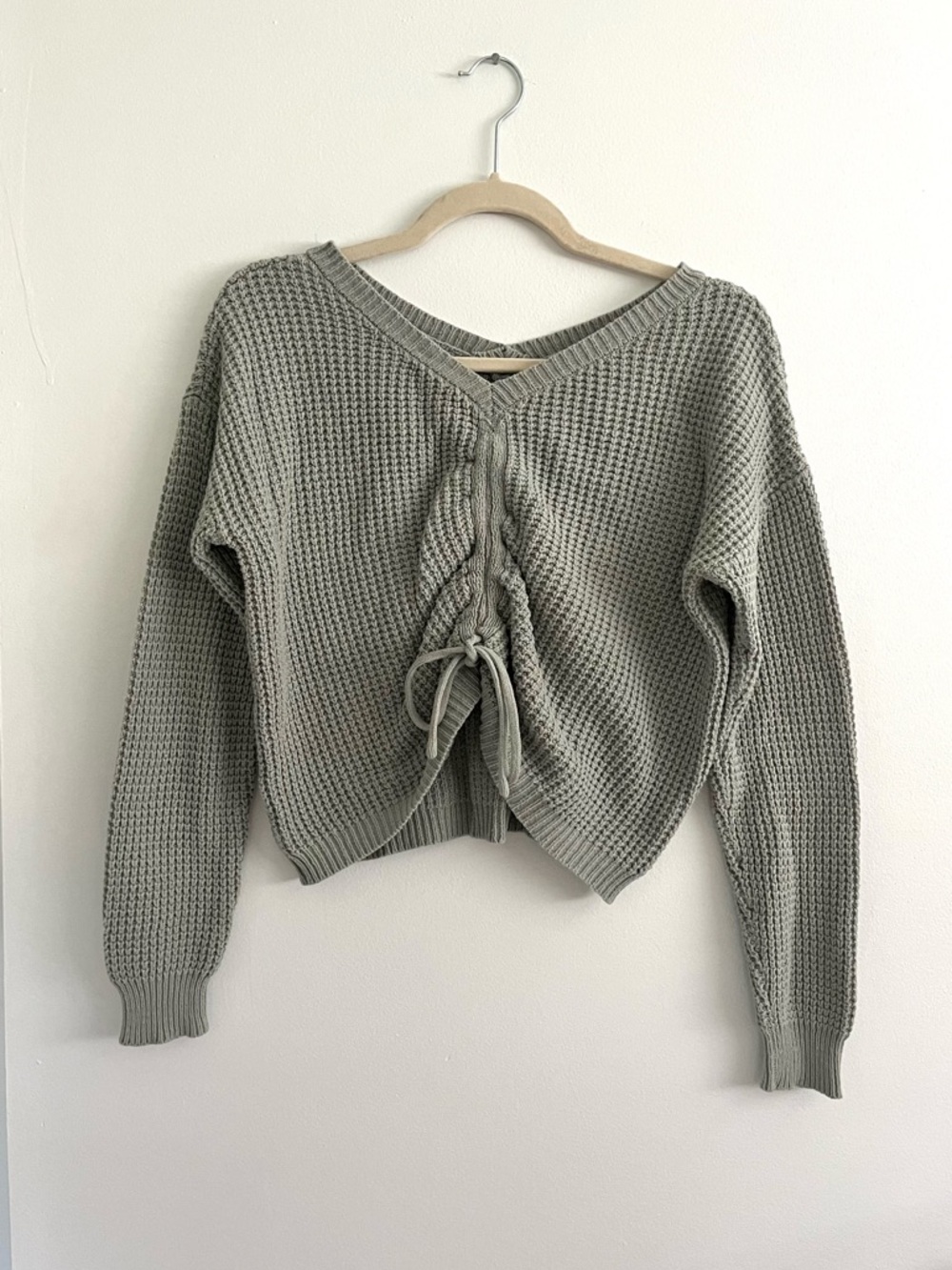 Sincerely Jules Sage Green Women's Cropped Knit Lace-Up Double V-Neck Sweater